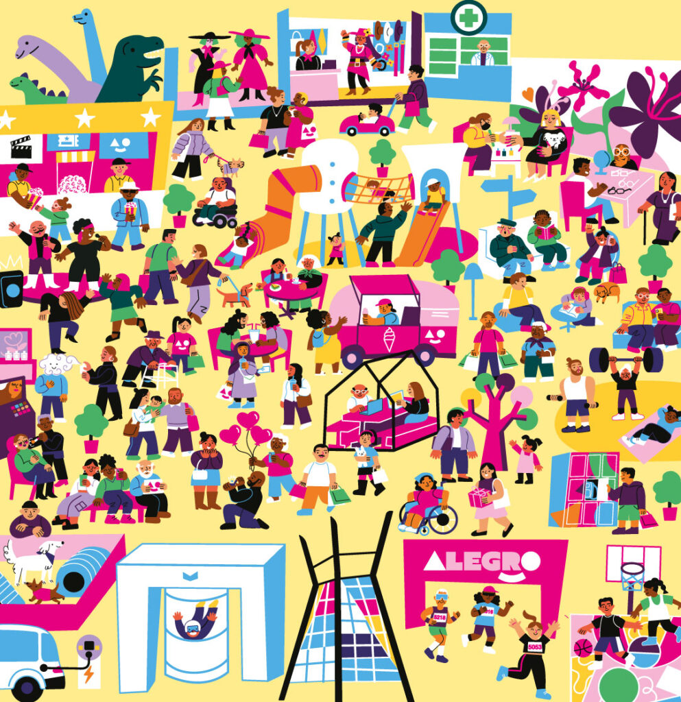 Ilustração colorida com elementos representativos do Alegro, em fundo amarelo.
