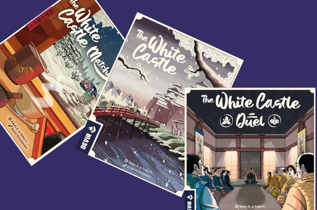 Três caixas da coleção The White Castle da Devir empilhadas ao ar livre, com ilustrações temáticas japonesas.
