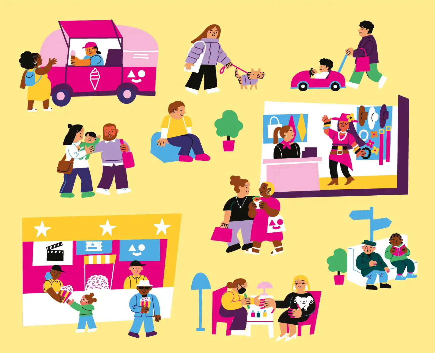 Ilustração colorida com elementos representativos do Alegro Castelo Branco, em fundo amarelo.