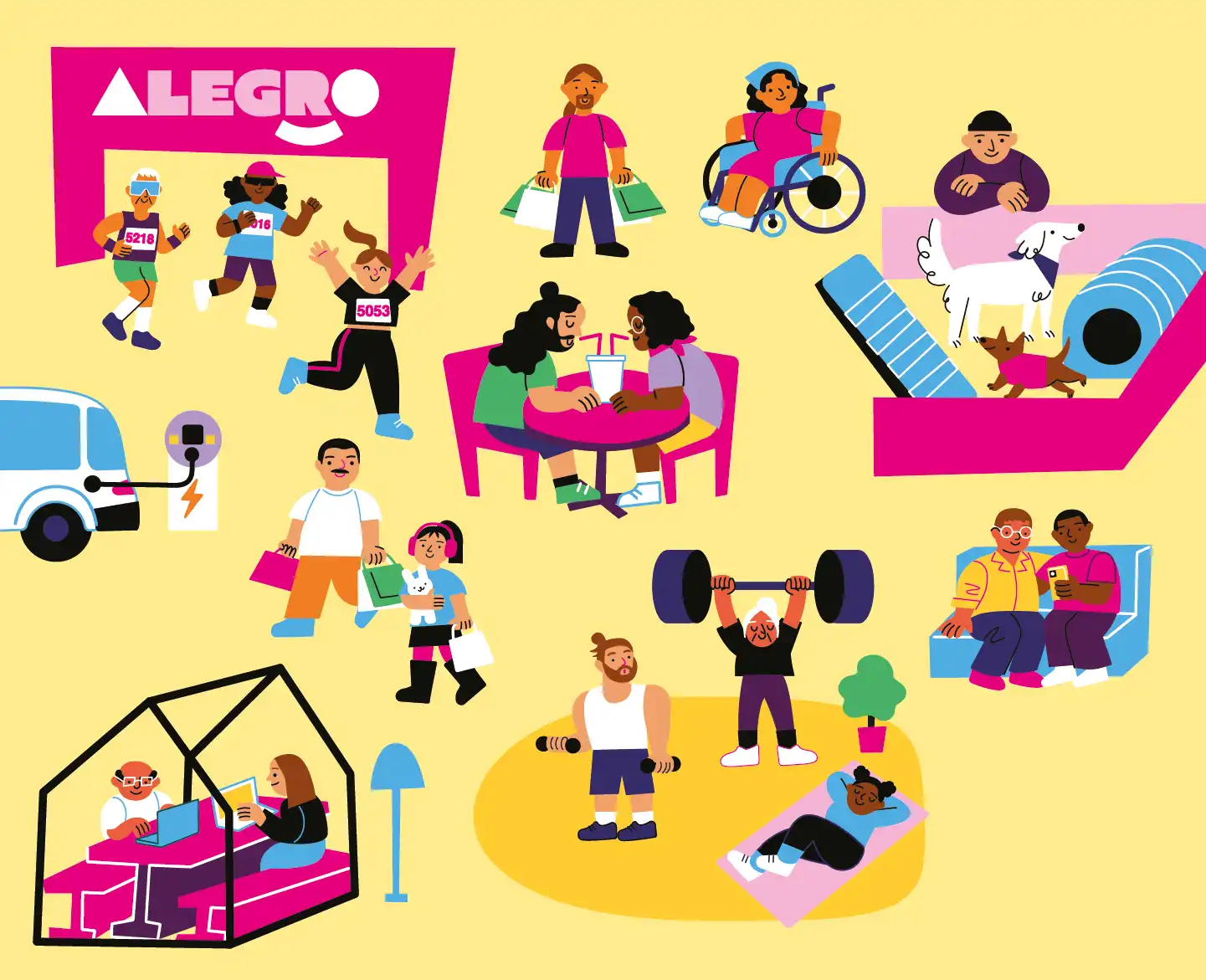 Ilustração colorida com elementos representativos do Alegro Setúbal, em fundo amarelo.