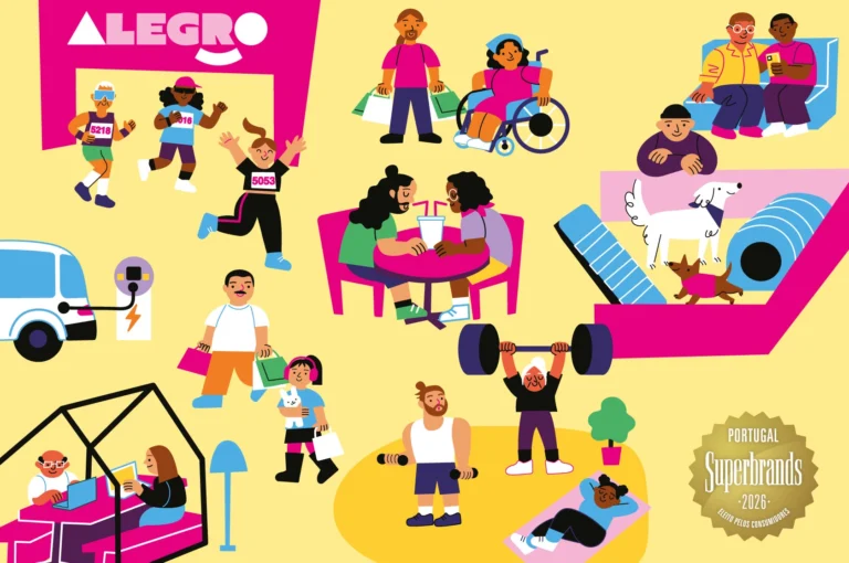 Ilustração colorida com elementos representativos do Alegro Setúbal, em fundo amarelo.