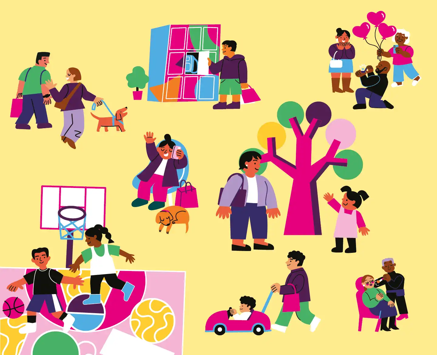 Ilustração colorida com elementos representativos do Alegro Sintra, em fundo amarelo.