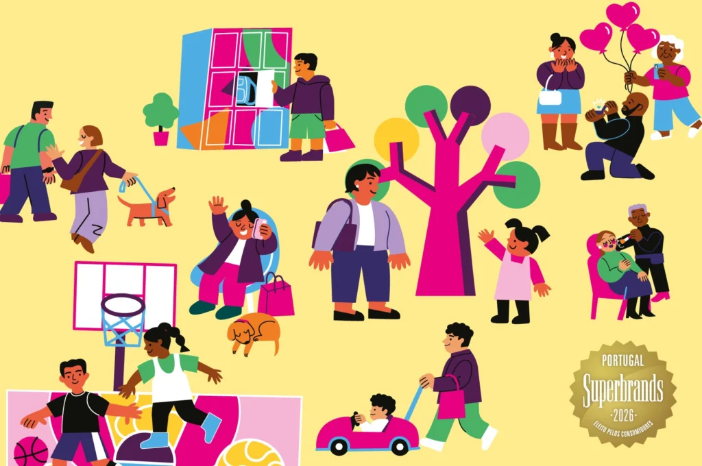 Ilustração colorida com elementos representativos do Alegro Sintra, em fundo amarelo.